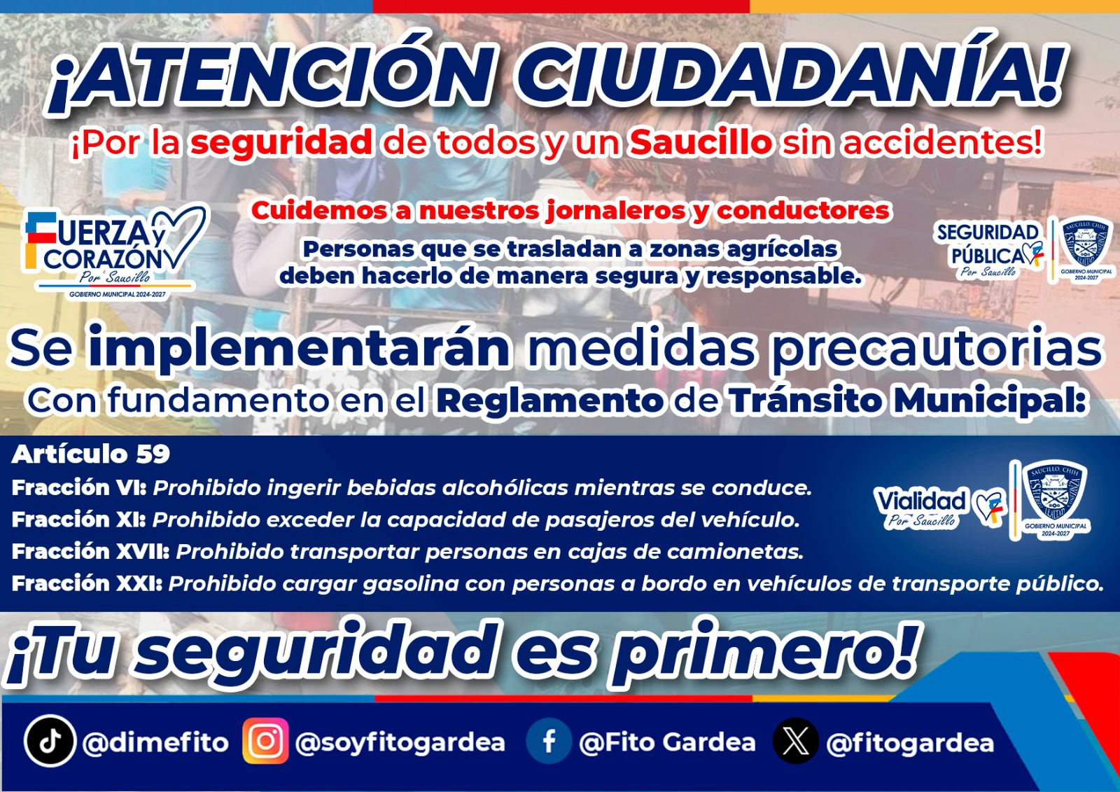 Anuncia Fito Gardea medidas de prevención para evitar accidentes en traslados agrícolas