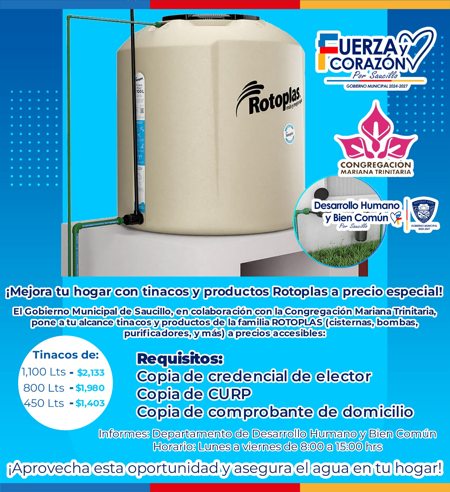 Continúa el programa de tinacos a bajo costo en Saucillo; Fito Gardea invita a aprovechar el beneficio