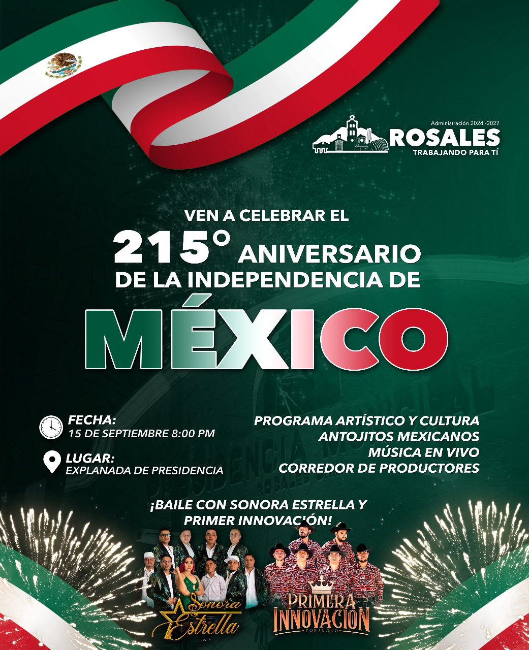 Rosales celebra el 215 aniversario de la Independencia de México con fiesta,