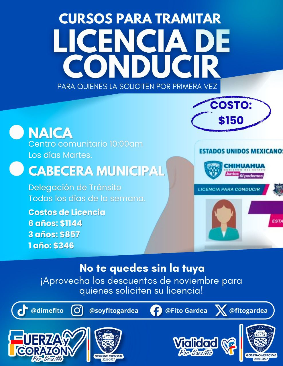 Vialidad Municipal de Saucillo invita a aprovechar cursos y descuentos para tramitar licencias de conducir durante noviembre